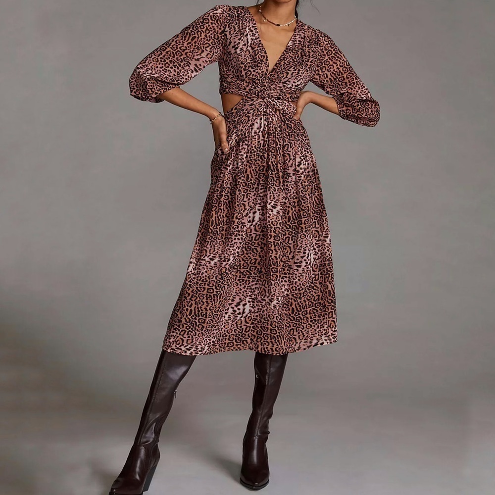 Anthropologie Ranna Gill Leopard Print Cut Out Long Sleeve Midi Dress Medium